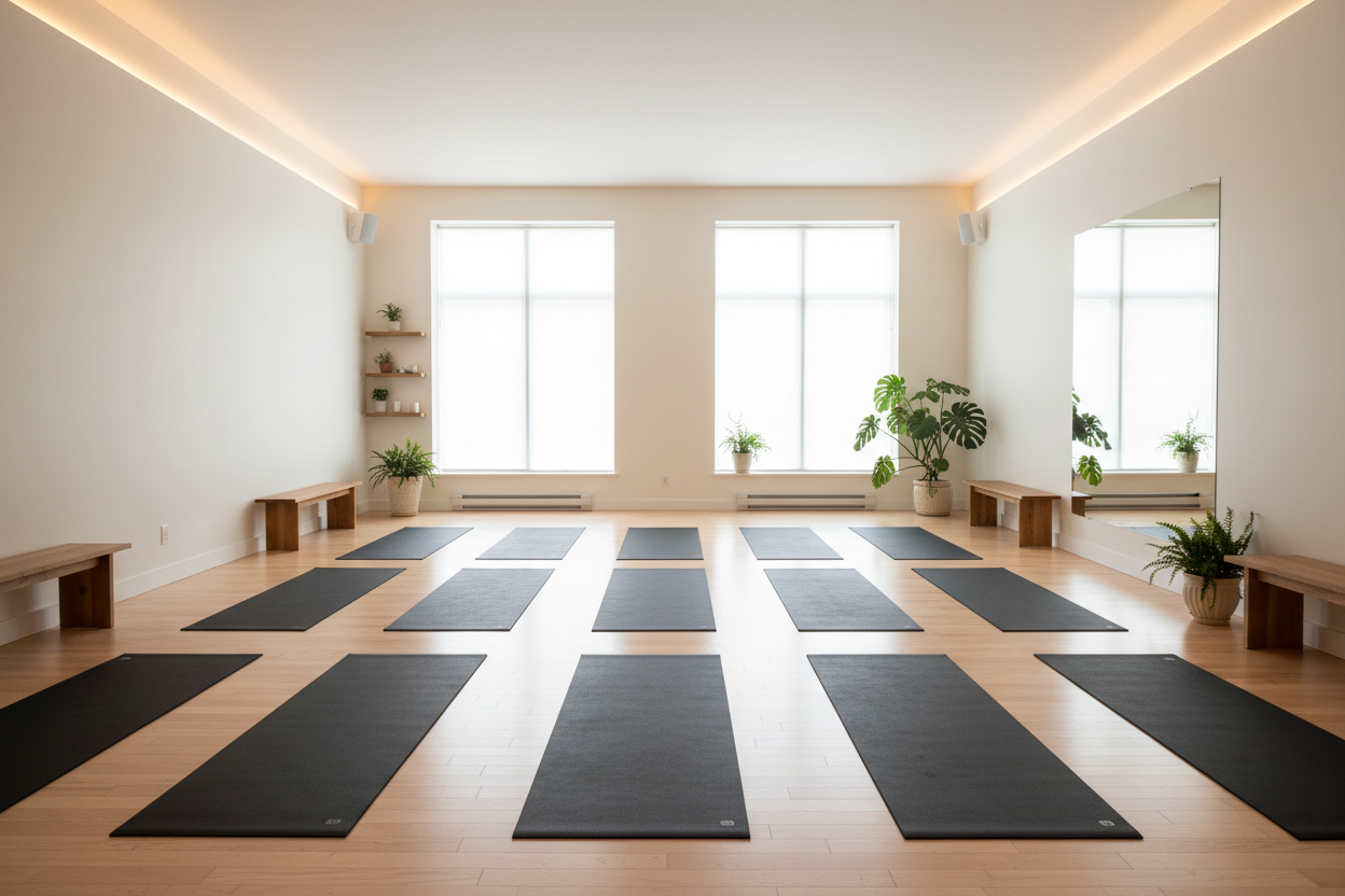 yoga studio with 12 black yoga mats